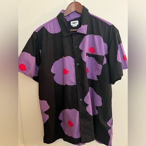 OBEY purple/red flower button down black collar shirt, Large. Used very good